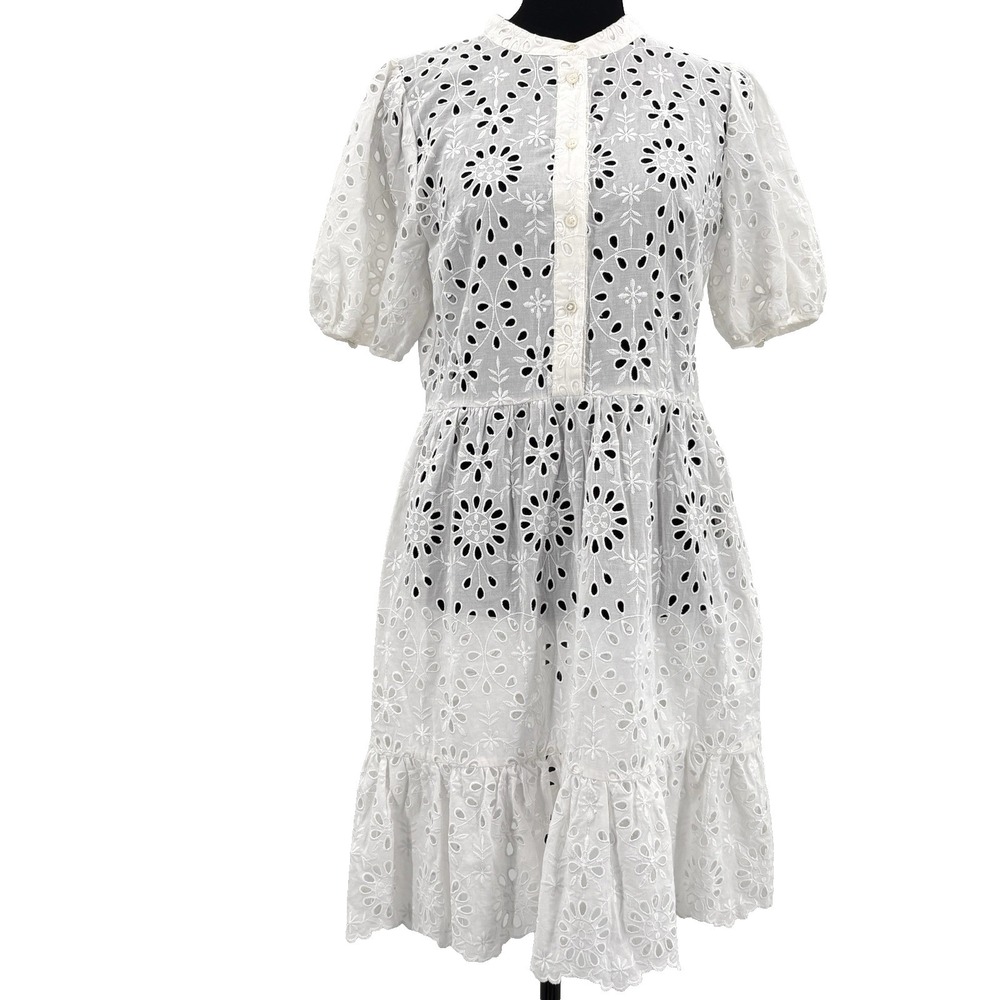 J. Crew Dress Size 2 White Eyelet Tiered Puff Sleeve Sheer Boho Cottage Fairy
